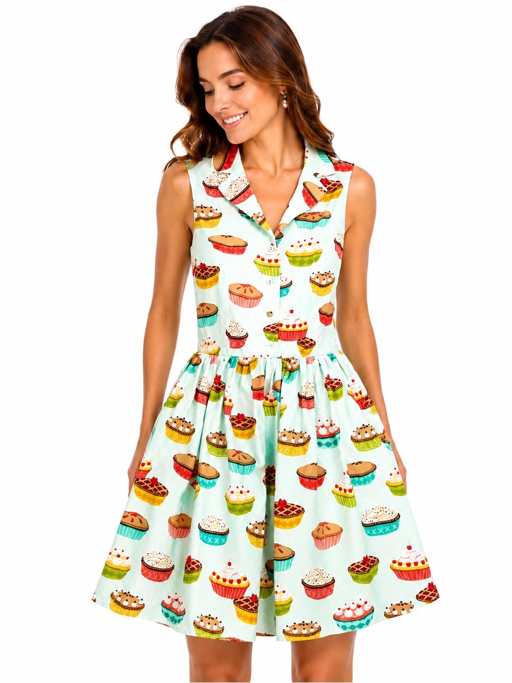Modcloth Blue Pie Dessert Print Retro Fit and Flare Dress 2‎